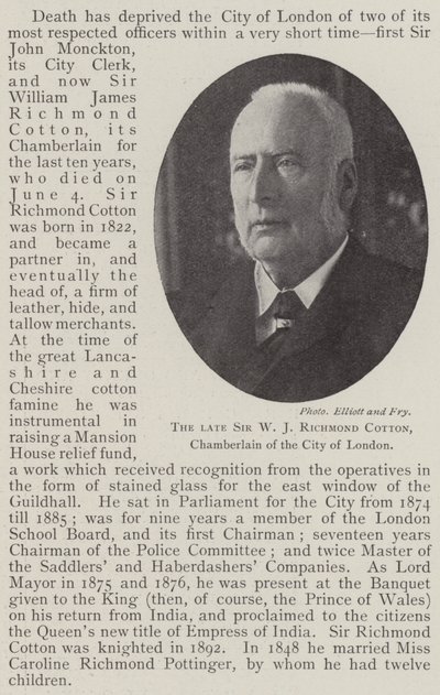 The late Sir W J Richmond Cotton, Chamberlain of the City of London by English Photographer