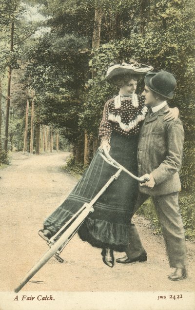 Woman falling off her bicycle into a man