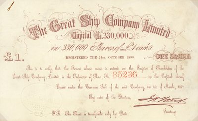 A £1 Share Certificate Issued by The Great Ship Company Limited by English School