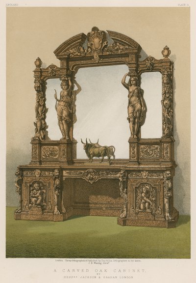 A Carved Oak Cabinet by Messrs Jackson and Graham, London by English School