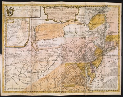A General Map of the Middle British Colonies in America; viz. Virginia, Maryland, Delaware, Pennsylvania, New Jersey, New York, Connecticut, and Rhode Island: of Aquanishuonigy, the Country of the Confederate Indians... Of the Lakes Erie, Ontario and Ch by English School