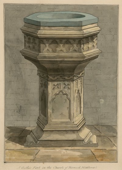 A Gothic font in the Church of Norwood, London, Middlesex by English School