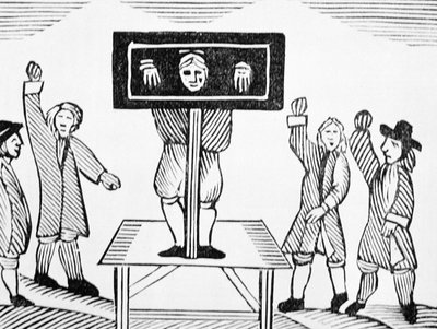 A Guilty Man in the Village Pillory, copy of a 16th century illustration, from a collection of chapbooks on esoterica by English School