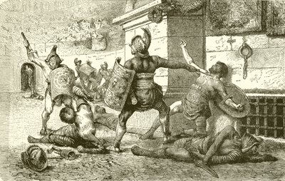 A Roman Holiday. Combat of Gladiators. The Vanquished appealing to the Spectators by English School