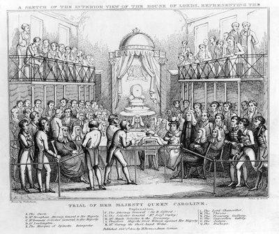 A Sketch of the Interior View of the House of Lords, representing the Trial of Her Majesty Queen Caroline, pub. 1820 by English School