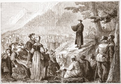 A Swiss Reformer Preaching to his Flock in the Open Field by English School
