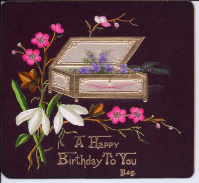 A Victorian Birthday Card with a Casket of Violets and a Spray of Snowdrops by English School