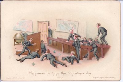 Victorian Christmas Card of a Headmaster Looking at Unruly Boys in a Classroom by English School