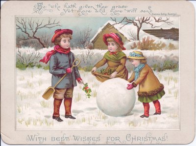 A Victorian Christmas Card of Three Children Playing with a Large Snowball, c.1880 by English School