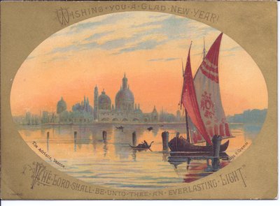 A Victorian New Year Card of a Boat and Gondolas on the Adriatic Sea, Venice, c.1880 by English School