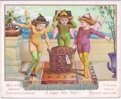 A Victorian New Year card of three fairies carrying a hamper with a label inscribed "Best Wishes" by English School