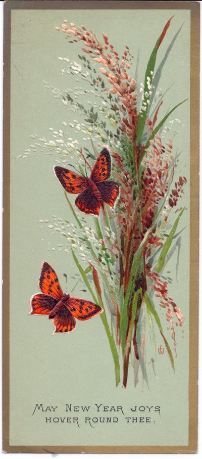 A Victorian New Year Card of Two Butterflies Amongst Tall Grasses (c.1880) by English School