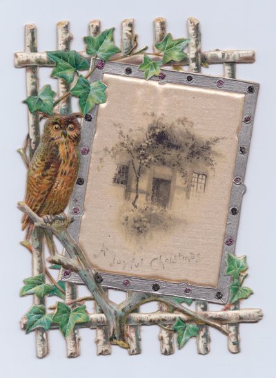 A Victorian Die-Cut Shape Christmas Card of an Owl Next to a Painting of a House on a Lattice, c.1880 by English School