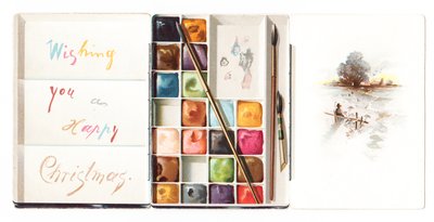 A Victorian Die Cut Christmas Card in the Shape of a Watercolour Paint Box, Circa 1880 by English School