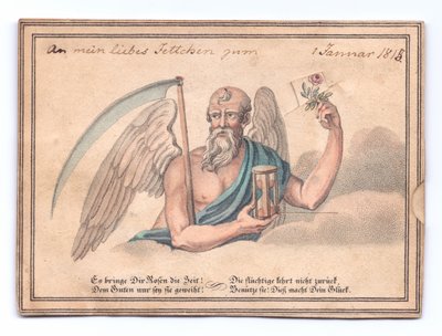 Victorian Greeting Card of the Grim Reaper with a Scythe and Hourglass Holding a Rose by English School