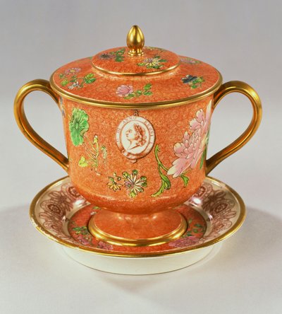 A Wedgwood Pearlware two handled cup, cover and stand painted with a portrait bust of George III, commemorating his Golden Jubilee in 1810, 1810 by English School