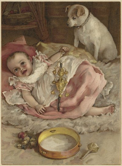 A Baby Holding a Rattle as It Lays on a Rug by English School