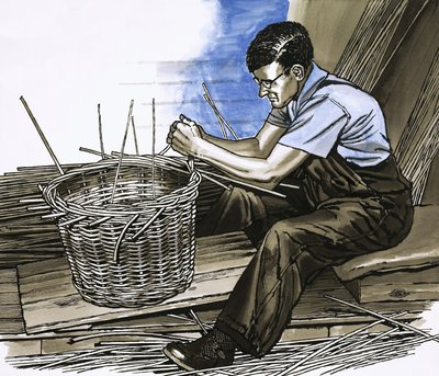 A Basket-Weaver at Work by English School