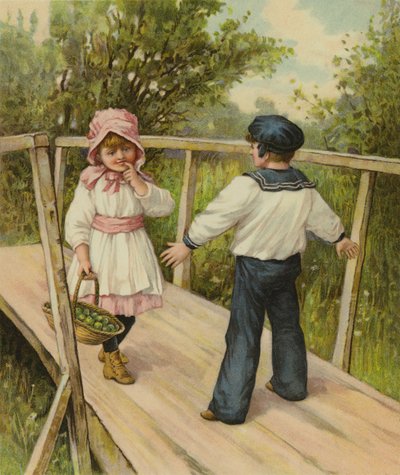 A Boy Telling a Girl She Must Pay a Toll to Cross the Bridge He is Standing On by English School