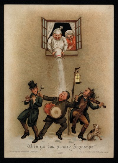 A Couple Objecting to Carol Singers Outside Their Window, Christmas Greetings Card by English School