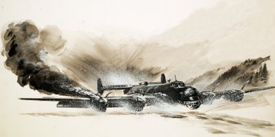 A crippled Halifax bomber lands on the ice by English School
