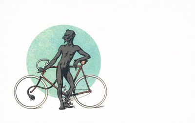 A Devilish Figure Standing Beside a Bicycle by English School