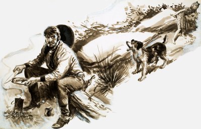 A dog barks at a cowboy eating food by English School