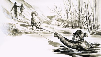A Dog Rescues a Man from an Icy Pool by English School