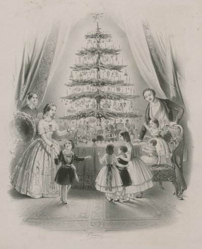 A Family Standing Around a Christmas Tree by English School