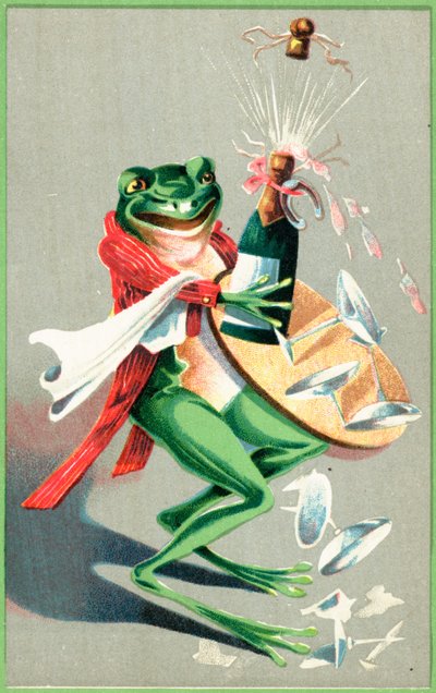 A Frog Carrying a Tray with Glasses and a Champagne Bottle by English School