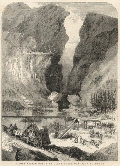A gold-mining gulch at Clear Creek Canyon in Colorado by English School
