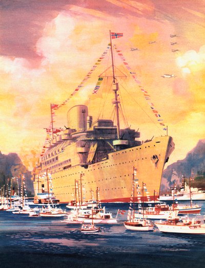 A Great Moment in the History of the Royal Mail Line, the Andes Arrives in Oslo in 1945 by English School