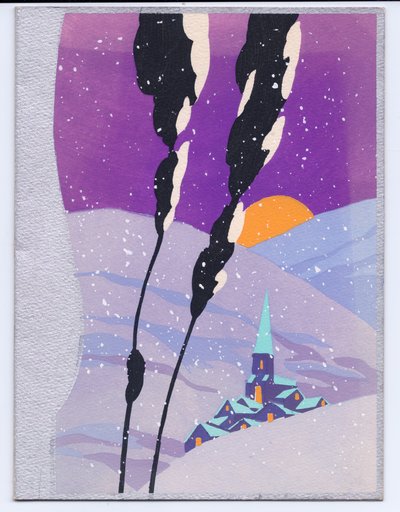 A hand-coloured French Pochoir Christmas Card with a snowscene in the mountains of a setting sun and a church, circa 1920 by English School
