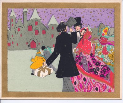 A hand-coloured French Pochoir Christmas card of guests walking to a castle for a party by English School