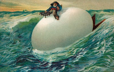 A man holding a hen as he sails a large egg on the water by English School