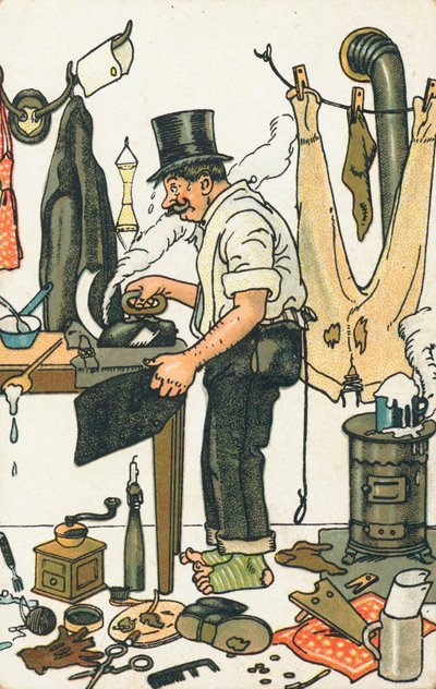 A Man Ironing His Clothes by English School