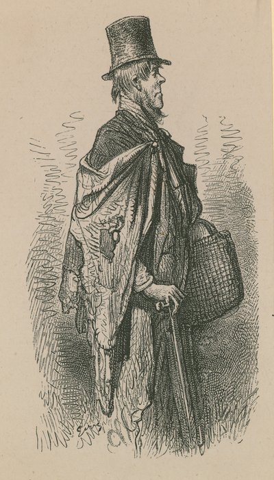 A Man Wearing a Top Hat and a Shawl While Carrying a Basket by English School