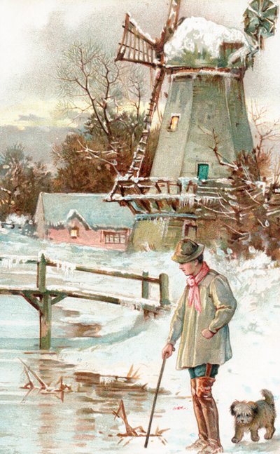 A man with a cane walking with his dog in a snowy landscape by English School