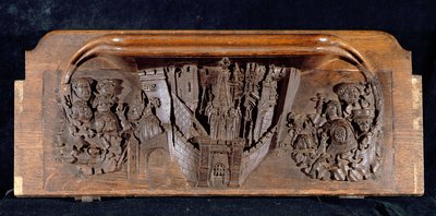 A misericord depicting a walled town with a gateway with a raised portcullis, New College Chapel, Oxford, late 14th century by English School