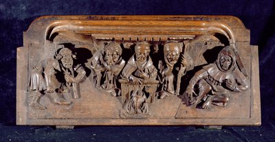 A misericord depicting an academic seated at a panel desk delivering an admonition to a kneeling penitent, New College Chapel, Oxford, late 14th century by English School