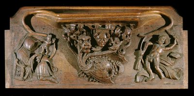 A misericord depicting an elaborately carved hydra, symbolic of the seven deadly sins, incorporating a realistic human head, New College Chapel, Oxford, late 14th century by English School