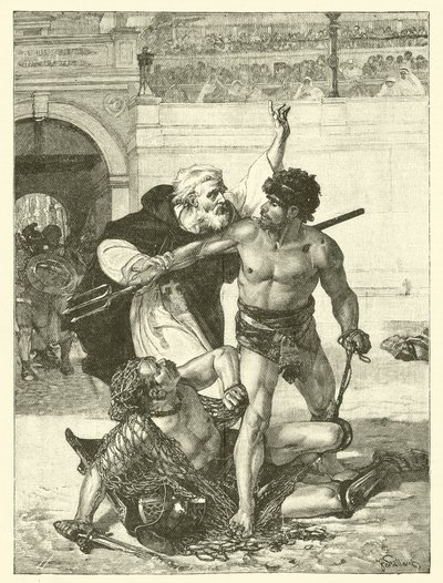 A Monk, Telemachus, Trying to Stop the Gladiatorial Games at the Colosseum, Rome (engraving) by English School