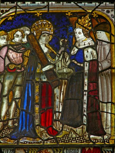 A panel in the east window depicting St Helen with Emperor Constantine by English School