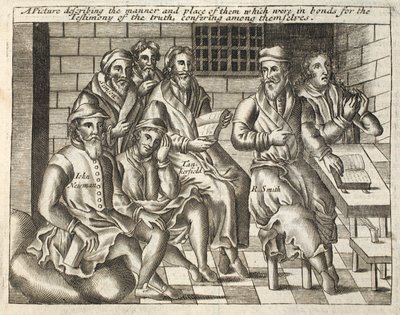 A picture describing the manner and place of those who were in bonds for the Testimony of the truth, conferring among themselves, illustration from Acts and Monuments by John Foxe, ninth edition, published 1684 by English School