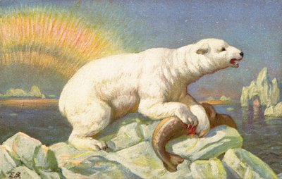 A Polar Bear Stands Over the Body of a Fish on a Rock by English School
