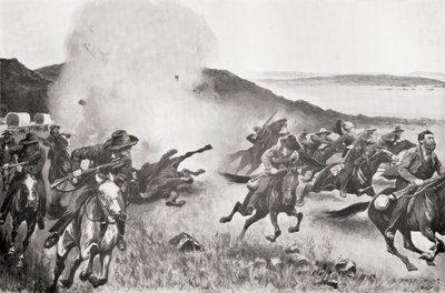 A shell from the Naval Brigade dispersing Boers from behind the Seven Sisters Kojes during the action of the 7th March by English School