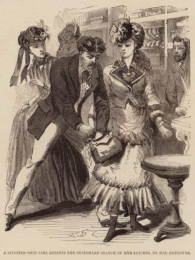 A spirited shop girl resents the customary search of her satchel by her employer by English School