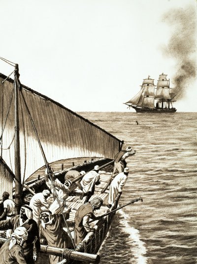 A steamship on the horizon, an Arab dhow in the foreground by English School