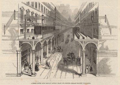 A Street Fitted with Railway Omnibus Trains and Electric Message Delivery Telegraphs by English School