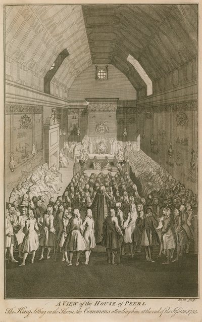 A view of the House of Peers, the King sitting on the throne by English School